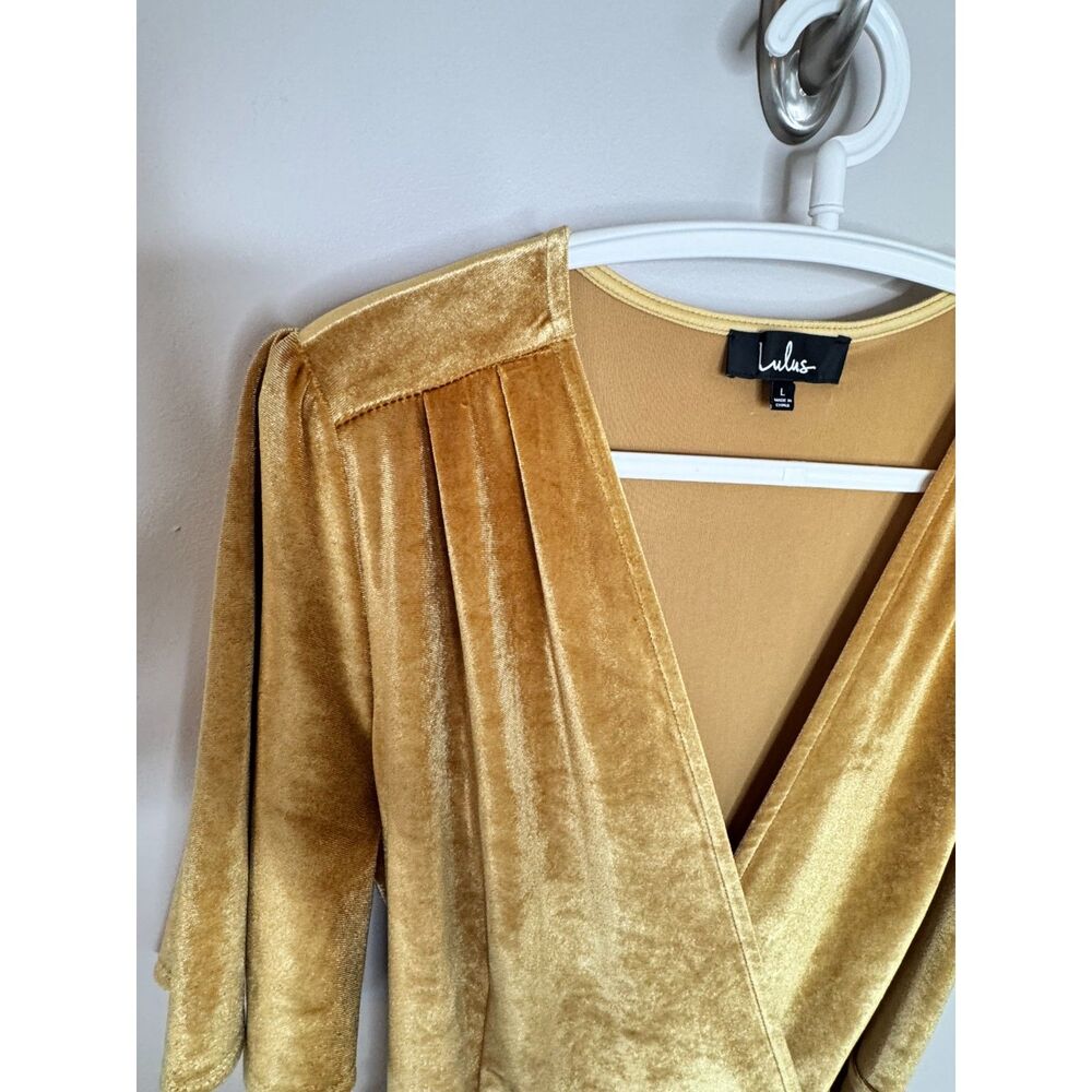 Lulus Gold Velvet Wrap Dress Large Boho Glam Asymmetrical Midi - Picture 5 of 6